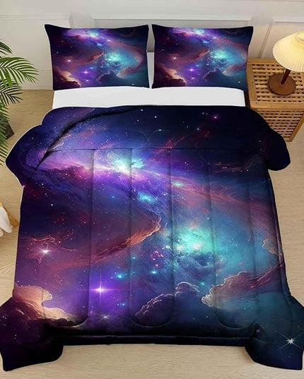 Galaxy Comforter Set Queen Size, Purple Space Bedding Set for Girls Boys Kids Teens Women Quilt Colorful Starry Sky Glitter Nebula Bedroom Decor, 1 Comforter 2 Pillowcases