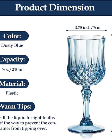 XUWAIDSGN 7oz Plastic Vintage Wine Glasses Drinking Glasses Unbreakable Wedding Glassware Crystal Water Goblets Reusable Drinkware Vintage Champagne Flutes(16, Blue)