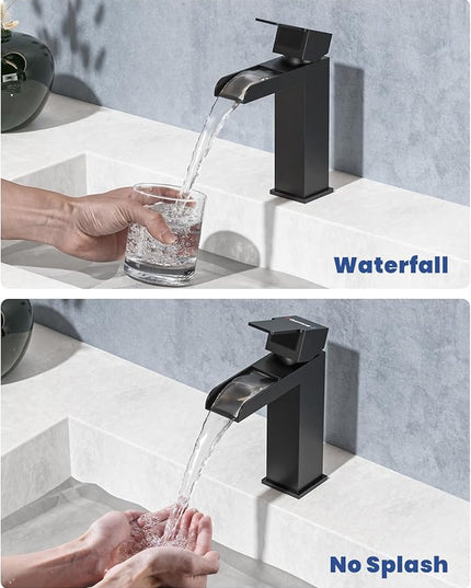 DAYONE Matte Black Single Handle Bathroom Sink Faucet, 1 Hole Bathroom Faucets with Pop Up Drain Stopper, Single Hole Mixer Tap Optional Deckplate Stainless Steel