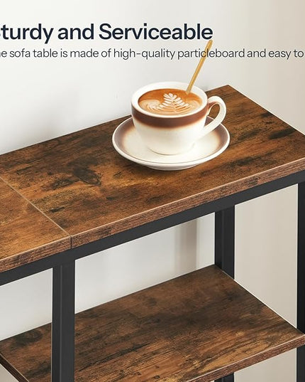 HOOBRO Narrow Console Table, Sofa Table, 4-Tier Industrial Entryway Table with Metal Mesh Shelf, Hallway Table with Adjustable Feet, for Entryway, Living Room, Hallway, Rustic Brown and Black BF79XG01