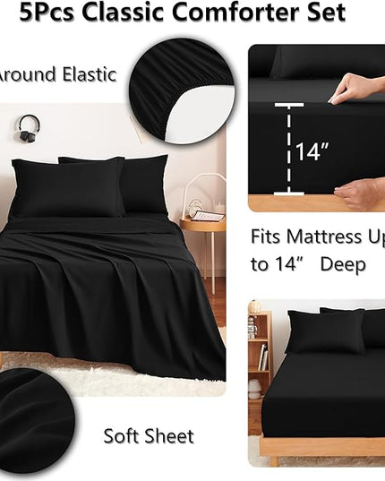CozyLux Twin Comforter Set with Sheets Black - 5 Pieces Bed in a Bag Twin, All Season Bed Set for Girls and Boys, Bedding Set with Down Alternative Comforter, Sheets, Pillowcase & Sham