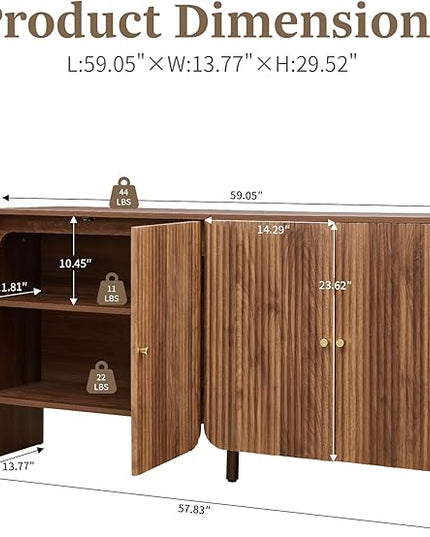 59” Large Buffets Sideboard Cabinet with Storage, Fluted Curved Credenza Buffet Table Storage Cabinet with 4 Doors, Modern Wood Accent Console Table Coffee Bar for Living Room Kitchen Hallway, Walnut