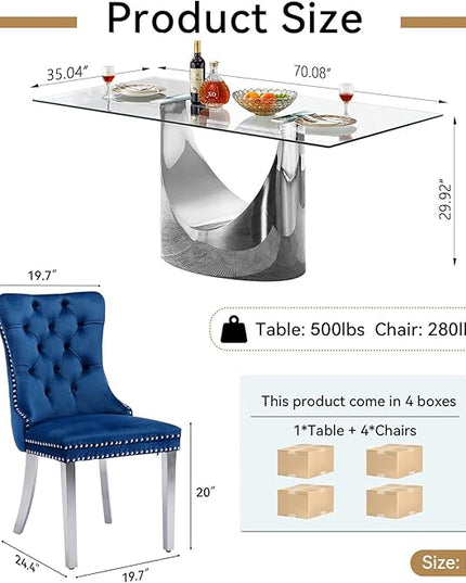 5 Piece Dining Table Set, Modern Glass Dining Table Set for 4 with Velvet Chairs, 70" Luxury Dining Table Chairs Set of 4, Kitchen Dining Room Sets for Dinner Dinette Breakfast Banquet, Blue+Silver