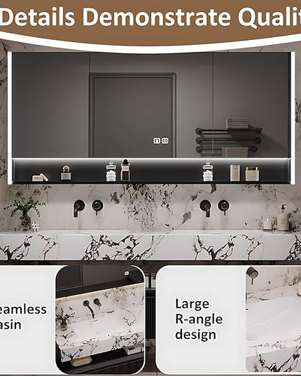 56IN Floating Bathroom Vanity - Bathroom Vanities with Sink, 3 Drawer & Includes LED Smart Mirror | 2 Layer Design, Black Vertical Stripe Bathroom Cabinets
