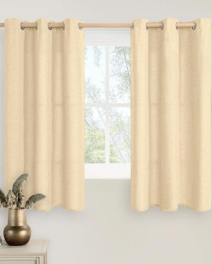 LAMIT Short Linen Kitchen Curtains 48 inch Length 2 Panels, Linen Textured Light Filtering Curtains Grommet Privacy Burlap Neutral Drapes for Bathroom/Bedroom, Sand, 42 x 48 Inch