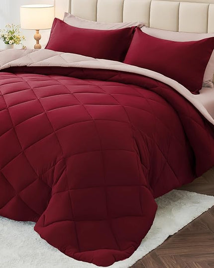 MUXHOMO 7 Pieces King Comforter Set, Reversible Bed in a Bag King Size, All Season Bedding Set with Comforter, Flat Sheet, Fitted Sheet, Pillowcases & Shams, Burgundy & Rose Gold
