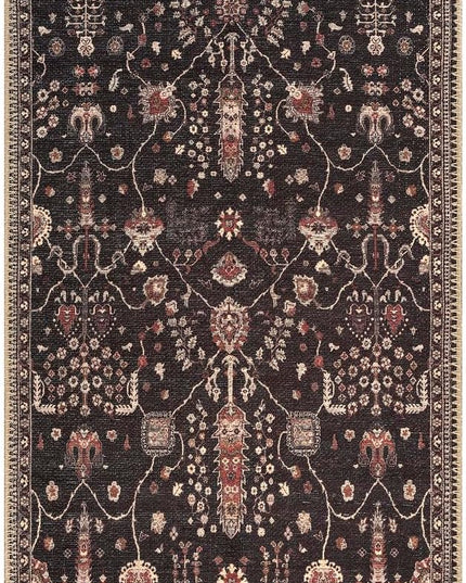 GLN Rugs Bohemian Collection - Machine Washable Area Rug, Bohemian Vintage, Non Slip, Low Pile Chenille Rug, Living Room, Bedroom, Bathroom Rug (2'x3' Black)