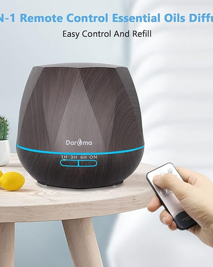 550ml Essential Oil Diffuser, DAROMA Upgraded Remote Control 6 in 1 Aromatherapy Ultrasonic Cool Mist Humidifier, 7 Color Changing Mood Lights & Waterless Auto-Off for Home Office Gift, Dark Wood