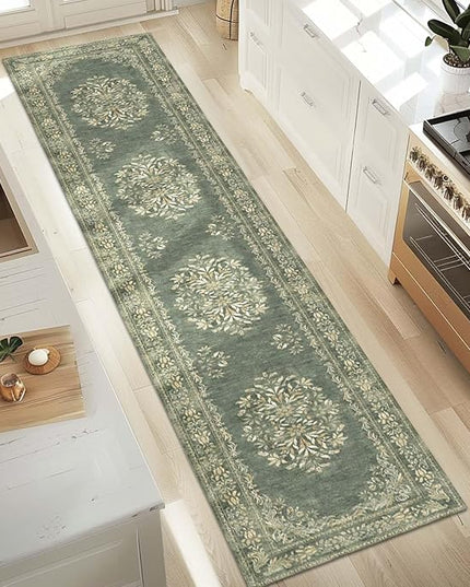 jinchan Hallway Runner Rug 2x10 Vintage Floral Distressed Design Machine Washable Non-Slip Low-Pile Soft Thin Faux Wool Kitchen Christmas Carpet for Farmhouse Bedroom Laundry Room(2x10ft, Dark Green)