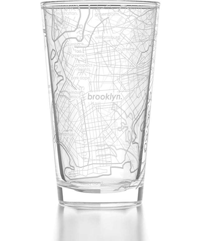 Well Told Engraved Brooklyn New York Map Pint Glass, Etched Beer Gift (16 oz, Clear) City Map Pint, Custom City Glassware, Gifts For Beer Lovers