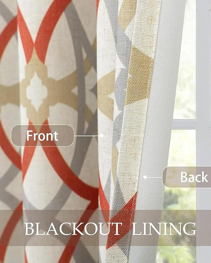 DriftAway Alexander 100% Blackout Curtains for Living Room Linen Blend Pattern Match Thermal Insulated Room Darkening Geo Moroccan Mid Century Grommet Bedroom Drapes 2 Panels 52 x 63 Inch Linen Red
