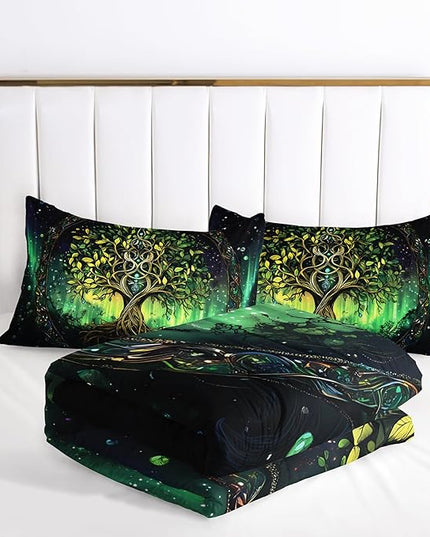 AILONEN Tree of Life Bedding Queen, Green Plant Starry Bohemia Comforter Set, Soft Lightweight Comforter Set, Exotic Boho Bedding 3-Piece, 1 Comforter + 2 Pillowcases