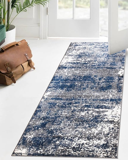 Keen Home Design Area Runner Rugs - 2x12 Non-Shedding, Abstract Runner for Kitchen, Living Room, Bedroom, Dining Room, Entryway - Size: 2'8" x 11'11", Navy/Grey/White