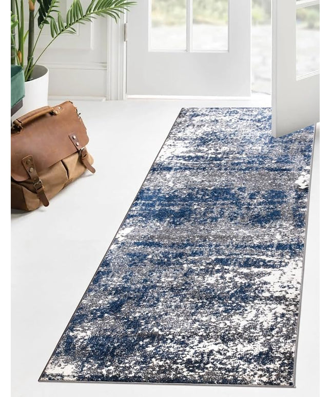 Keen Home Design Area Runner Rugs - 2x12 Non-Shedding, Abstract Runner for Kitchen, Living Room, Bedroom, Dining Room, Entryway - Size: 2'8" x 11'11", Navy/Grey/White