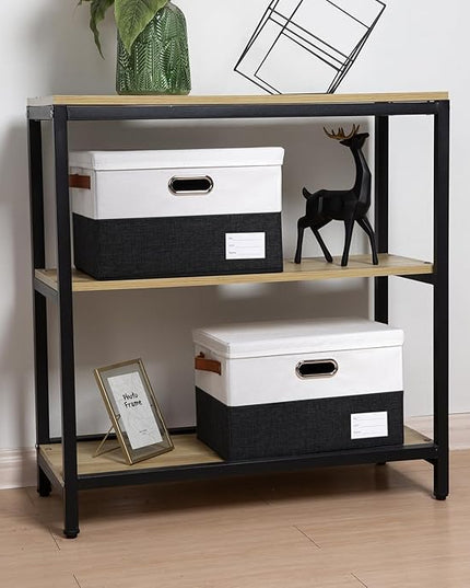PRANDOM Foldable Storage Bins with Lids [3-Pack] Fabric Collapsible Storage Boxes Baskets Cubes Containers with Handles for Closet Living Room Bedroom (Black & White 14.9x9.8x9.8'')