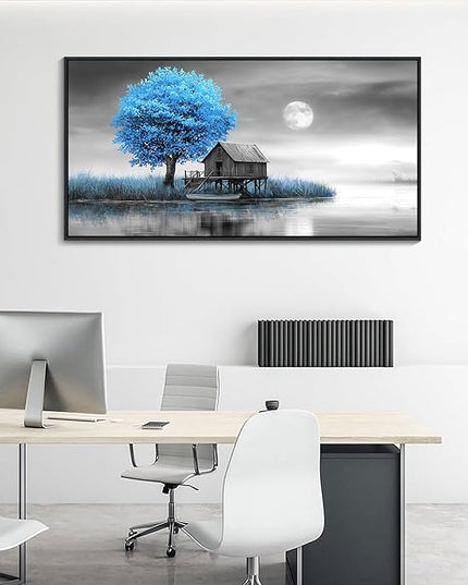 JEAWA Framed Canvas Wall Art Decor - Blue Gray Wall Art for Bedroom Living Room Home Office, Winter Landscape Wall Art Canvas Paintings, Moon Pictures Wall Decor, Tree Art Wall Decor, 24x48 IN