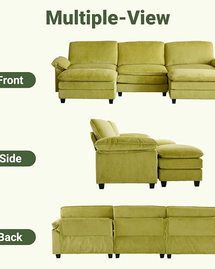 VINGLI 121" L Shape Sectional Couch, Convertible Sectional Couch for Small Living Room,Modern 3-Seat Convertible Loveseat Sofa with 2 Ottoman in Corduroy,Olive Green