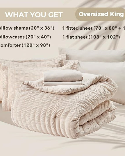 HYMOKEGE Beige Oversized King Comforter Set Seersucker 7 Pieces, All Season Luxury Bed in a Bag for Bedroom, Bedding Set with Comforter, Sheets, Pillowcases & Shams