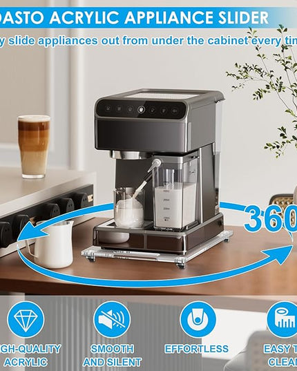 360° Rolling Sliding Tray for Coffee Maker & Kitchen Appliances, 9.8" x 14" Acrylic Appliance Sliders with Silent Rubber Wheels, Coffee Maker Slider Tray for Countertop Moving