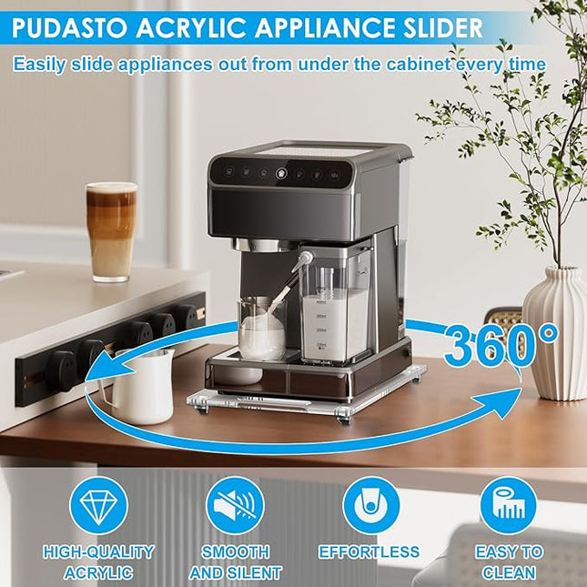 360° Rolling Sliding Tray for Coffee Maker & Kitchen Appliances, 9.8" x 14" Acrylic Appliance Sliders with Silent Rubber Wheels, Coffee Maker Slider Tray for Countertop Moving