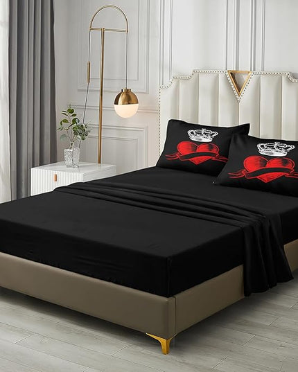 Merryword 6 Pcs Bed in a Bag Love Heart Comforter Set Twin Size Prince Princess Bedding Set Crown Pattern Romantic Valentine's Day Comforter Set