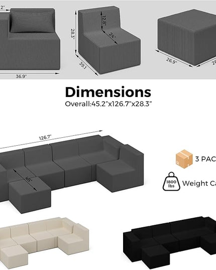 Minimalist Modular Corduroy Cloud Couch Sectional – Oversized Boneless Memory Foam Sofa for Living Room, Modern Comfy Couch, No Assembly Needed（130" U Shaped Boneless Sofa 5-Seater + 1*Ottoman,Grey）