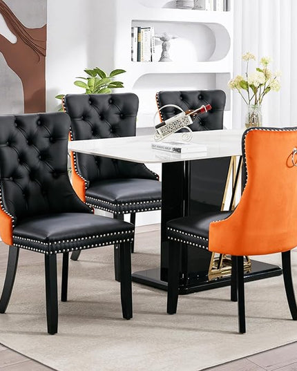 SoarFlash Leather Dining Chairs Set of 4, Tall Back Side Chair, Modern Upholstered Side Chair with Button Back Ring, Solid Wood Legs (Black&Orange)