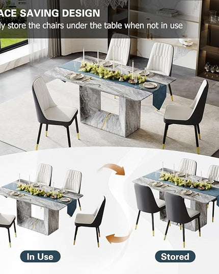 Dinner Table Set for 4, 5 Piece Dining Table Set with Chairs, 63" Faux Marble Modern Table with 4 PU Leather Upholstered Chairs, for Kitchen & Dining Room