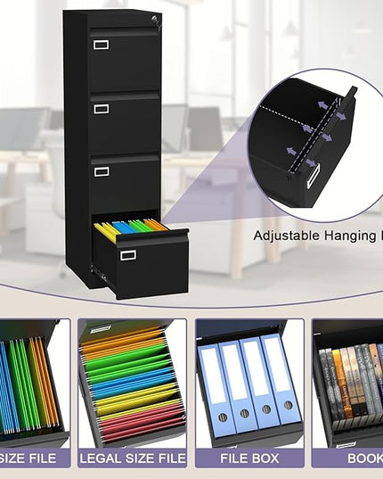 4 Drawer Metal File Cabinet with Lock, Black Lockable Filing Cabinets, Vertical Small File Cabinet with Key, Under Desk Filing Cabinets for Home Office