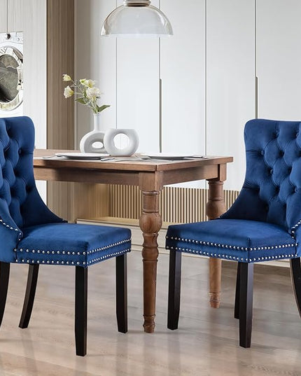 SoarFlash Velvet Dining Chairs Set of 2, Tall Back Side Chair, Modern Upholstered High-end Tufted Side Chair with Button Back Ring, Solid Wood Legs (Blue)