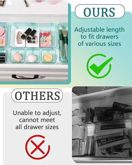 20 Pcs Adjustable Clear Drawer Organizer, Extendable Vanity Storage Bins, Desk Drawer Organizer Set for Makeup, Cosmetics, Bedroom, and Gadgets, Blue