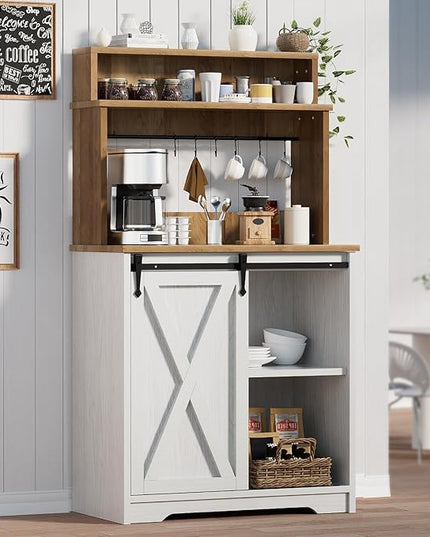 Farmhouse Coffee Station with 3 Tier Storage Hutch & 6 Hooks - 56 Inch Small Coffee Bar Table with Adjustable Shelves for Living/Dining Room