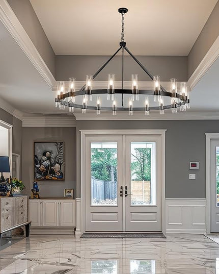 20-Light Large Black Wagon Wheel Chandelier with Glass Shades, 60 Inch Farmhouse Industrial Round Chandelier for High Ceilings, Pendant Lighting Fixture for Dining Living Room Kitchen Island Foyer
