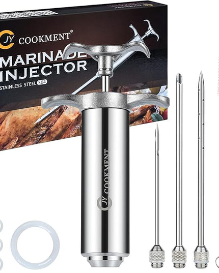 JY COOKMENT Meat Injector Syringe - Flavor Injector with 3 Stainless Steel Professional Needles;2pcs Cleaning Brush for BBQ Grill Smoker 2-oz Large Capacity Barrel