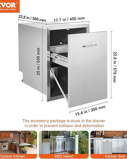 VEVOR Outdoor Kitchen Trash Drawer 17.7W x 25H x 22.8D Inch, Stainless Steel Trash Drawer with Handle and Pull-Out Tray, Outdoor Pull Out Kitchen BBQ Island, Trash Can NOT Included