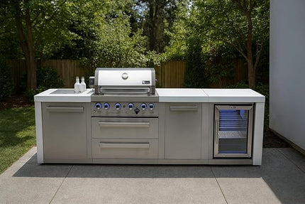 Mont Alpi Premium 4-Burner 107" Deluxe Stainless Steel Island Modular Outdoor Kitchen Island BBQ Gas Grill + Infrared Side & Rear Burners + Refrigerator + Storage Drawers and Cabinets + Rotisserie Kit