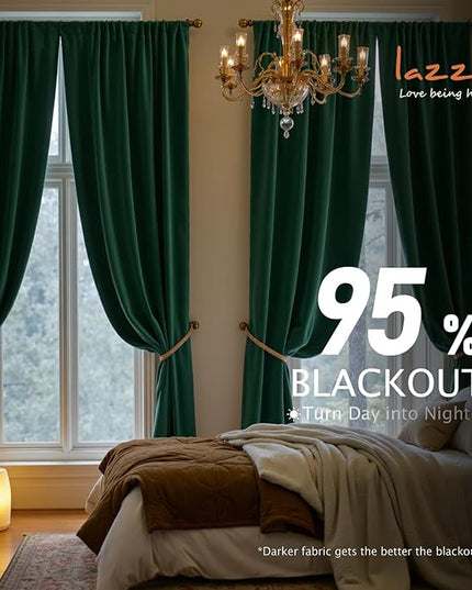 Lazzzy Velvet Blackout Curtains Thermal Insulated Room Window Drapes Super Soft Luxury Curtains for Living Room Bedroom Rod Pocket 2 Panels, Emerald Green, 62" W x 96" L