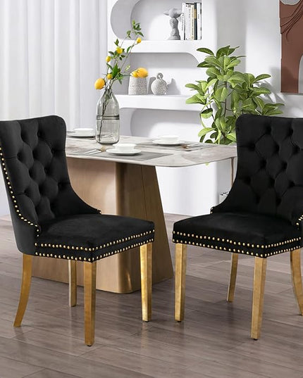 SoarFlash Velvet Dining Chair Set of 2, Upholstered Tufted Dining Room Chair with Nailhead Trim and Solid Gold Plated Leg for Kitchen (Black)