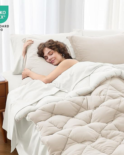 MUXHOMO 5 Pieces Twin XL Comforter Set, Reversible Bed in a Bag Twin XL Size, All Season Bedding Set with Comforter, Flat Sheet, Fitted Sheet, Pillowcases & Shams, Beige & White