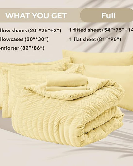 HYMOKEGE Yellow Full Size Comforter Sets Seersucker 7 Pieces, All Season Luxury Bed in a Bag for Bedroom, Bedding Set with Comforter, Sheets, Pillowcases & Shams
