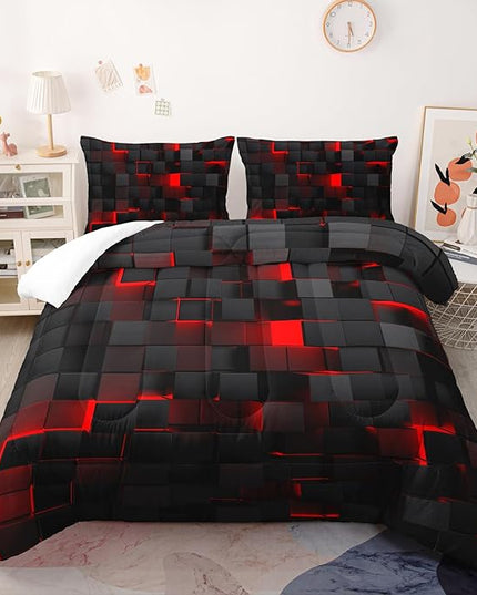 Geometric Red Black Comforter Set,Light Honeycomb 3 Piece Bedding Set King Size for Teen Boys,Modern Bedding Quilt Set Geometry Decor,Microfiber Lightweight 1 Comforter 2 Pillowcases All Season