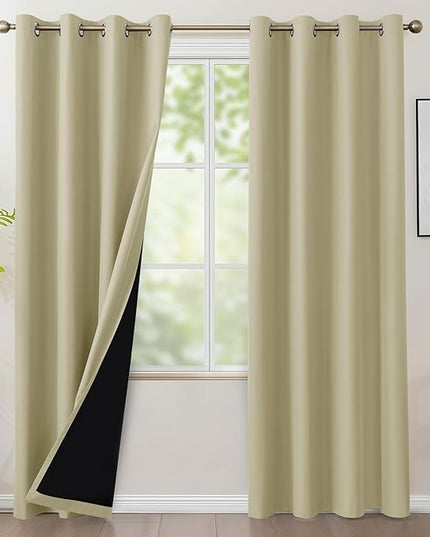 BONZER 100% Blackout Curtains Thermal Insulated - Light Blocking Window Drapes with Black Laminated Backing, Privacy Protection Single Layer for Bedroom/Living Room, 54 x 95 Inch, Beige, 2 Panels