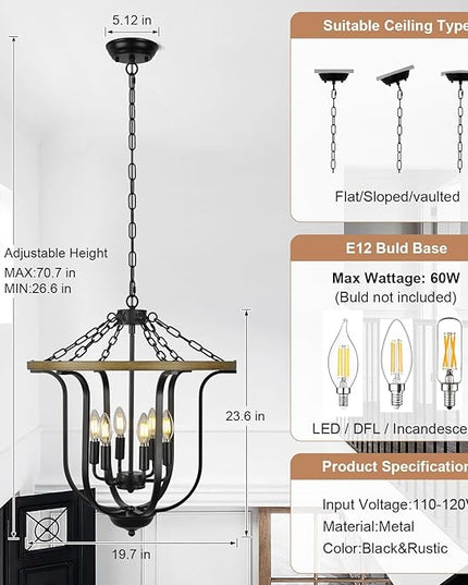 Black Farmhouse Chandelier Light Fixture, 6-Light Rustic Lantern Pendant Light,Vintage Cage Chandelier for Entryway Foyer Dining Room Kitchen Island Hallway.