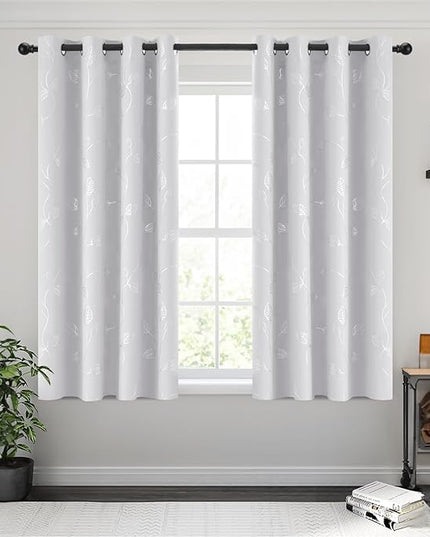 BUHUA Room Darkening Curtains 63 Inch Length, Window Treatments for Living Room Grommet Curtains with Silver Leaf Foil Design (52 x 63 Inch,Greyish White,Set of 2)