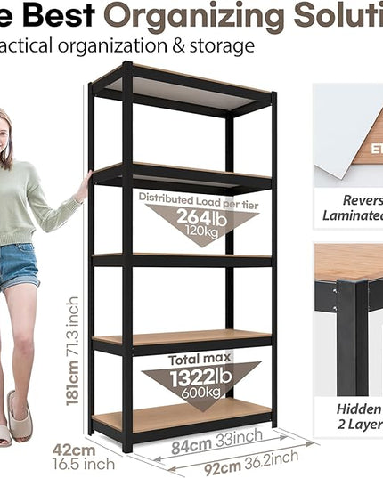 HOMEDANT House Black 5-Tier Laminated Metal Shelving Unit Adjustable Storage Utility Rack Heavy Duty Shelves Organization Shelf Kitchen Garage Pantry Closet 3Pack