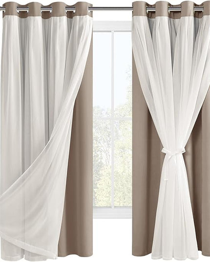 Hiasan Blackout Curtains with Sheer Overlay, Grommet Thermal Insulated Privacy Mix and Match Double Layer Window Curtains for Girls Bedroom, Living Room, 2 Drape Panels with Tiebacks, Camel, 52W X 63L