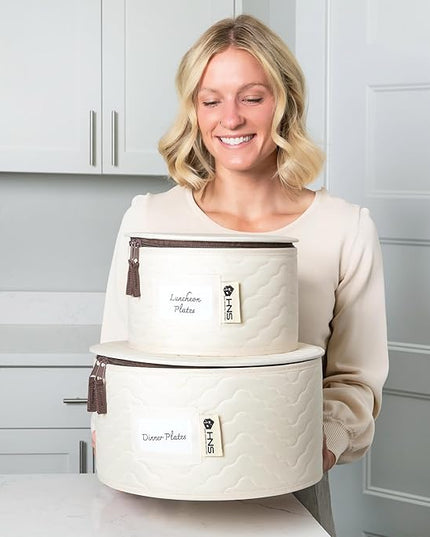 Hard Shell China Storage Containers 12-Piece Set Moving Boxes for Dinnerware, Glasses, Plates, Mugs and Saucers Sturdy Dish Organizer with Dividers for Seasonal Storage - Service for 12 -Beige Quilted