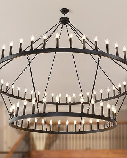 80-Inch Black 2 Tier Wagon Wheel Chandelier, 80-Light Double Tier Extra Large Foyer Lighting, Candle Industrial Round Iron Chandelier for High Ceilings, Dining Room, Entryway, E12