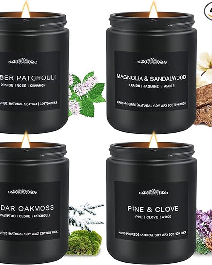 Scented Candle Set, Men Candle Set, Scented Candles for Home, Gifts for Men, 28 oz 200 Hour Burn Time,4 Pack Manly Gifts Soy Candles of Cedar Oakmoss/Pine&Clove/Patchouli/Sandal Wood