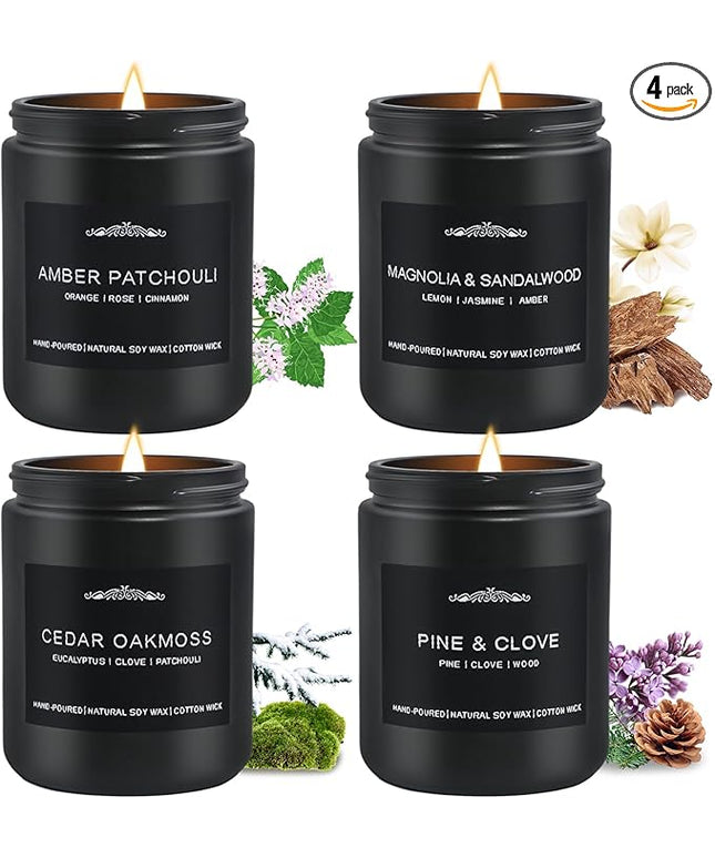 Scented Candle Set, Men Candle Set, Scented Candles for Home, Gifts for Men, 28 oz 200 Hour Burn Time,4 Pack Manly Gifts Soy Candles of Cedar Oakmoss/Pine&Clove/Patchouli/Sandal Wood